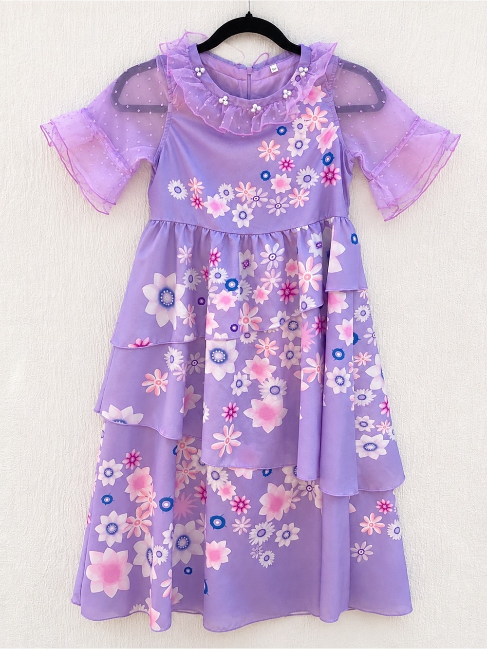 Lavender Floral Tiered Ruffle Midi Dress Pearl Tulle Sleeves Cottagecore